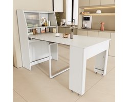 Sweiko Uittrekbare Eettafel, L52/132.5*B80*H76cm, Eetkamer opbergkast, Eettafel met opbergruimte, Rechthoekige eettafel, Koffielounge tafel, Ruimtebesparende multifunctionele eettafel, Wit