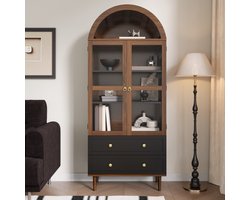 Sweiko Vitrinekast - 2 laden - Verstelbare planken - Glazen deuren - Boekenkast - Bruin + Zwart