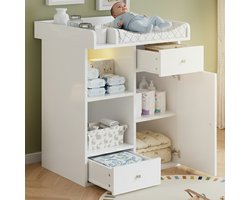 Sweiko Wisseltafel - Commode - LED-verlichting - 2 lades - Opbergruimte - Open planken - Wit