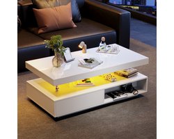 Sweiko Witte hoogglans salontafel 95x50x42.5 cm, 4 glazen werkbladen, 2 lades en 2 open vakken, Woonkamer tafel, sofa tafel, basiskast voor woonkamer