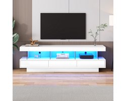 Sweiko Witte Hoogglans TV Kast, 160x38x50.5cm, met 3-glazen Compartimenten, LED Verlichting, Toepassingscontrole, Bluetooth verbinding, geschikt voor 70-inch tv's, smart TV kast
