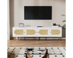 Sweiko Witte rotan TV kast 180x40x50 cm met 4 rotan deuren, Verstelbare planken en kabelmanagement, Geschikt voor tv's onder de 80 inch, tv kasten en lage borden
