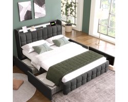 Sweiko Zacht Gewatteerd bed met USB Oplaadfunctie, Hoofdbord en LED verlichting, 2-laden, Eenpersoonsbed 180x200cm opbergbedframe, houten frame, Grijs (zonder matras)