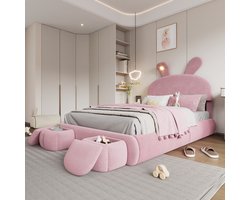 Sweiko Zacht Gewatteerd bed, Tweepersoonsbed, Hydraulisch bed, 140x200cm, konijnenoren met instelbare helderheid, warme lichtstrepen, opbergruimte onder het bed, twee opbergkrukken, fluweel, Roze