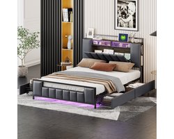 Sweiko Zacht Kussen bed 140x200cm,Multifunctioneel bed met LED Verlichting, USB Aansluiting,Laden, massief ijzeren bedframe, jeugdbed, volwassen bed, tweepersoonsbed, ecologisch leer,Grijs (geen matras)