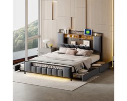 Sweiko Zacht Kussen bed 160x200cm,Multifunctioneel bed met LED Verlichting, USB Aansluiting,Laden, massief ijzeren bedframe, jeugdbed, volwassen bed, tweepersoonsbed, ecologisch leer,Grijs (geen matras)