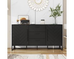 Sweiko Zwart dressoir met visgraatmotief, met 2 deuren en 3 laden voor eetkamer, keuken en woonkamer