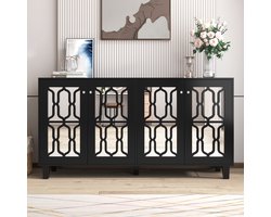 Sweiko Zwart gespiegeld dressoir met koele kristallen grepen, vier deuren, met beweegbaar laminaat.voor woon- en eetkamer, 160 x 40 x 84cm