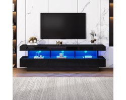Sweiko Zwart Hoogglans TV Kast, 160x38x50.5cm, met 3-glazen Compartimenten, LED Verlichting, Toepassingscontrole, Bluetooth verbinding, geschikt voor 70-inch tv's, smart TV kast