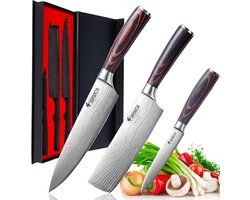 Swilix Professioneel koksmessen 3 Stuk - Japans Koksmes 20 cm - Japans Nakiri Mes 17,5 cm - Japans Groentemes 9 cm, Duurzaam En Vlijmscherp, Universeel RVS Keukenmes Valentijn Cadeautje