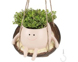 Swing Face Planter Pot Smile Face Hanging Plant Pot Small Chair Hanging Flower Pots Cute Resin Flower Head Planters for Succulents Indoor Outdoor Balcony Garden