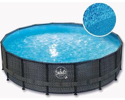 SWING Premium metalen frame zwembad Wicker donker design - rond opzet zwembad - opzetzwembad -frame pool - metalen frame zwembad - familie zwembad | Afmeting: 3,05 x 0,76 m