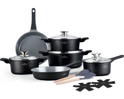 Swiss Haus® BP3014B Pannenset Inductie - 14 Delige Pannensets - PFAS Vrij - Set Met Koekenpannen, Kookpotten & Steelpan - Pannen Voor Alle Warmtebronnen - Pan met Sapphire™ Antiaanbaklaag - Zwart