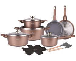 Swiss Haus® BP3014CO Pannenset Inductie - 14 Delige Pannensets - PFAS Vrij - Set Met Koekenpannen, Kookpotten & Steelpan - Pannen Voor Alle Warmtebronnen - Pan met Sapphire™ Antiaanbaklaag - Koper