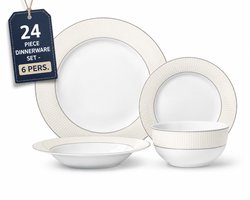 Swiss Haus® DS24CR Luxe Serviesset - 24 Delig - 6 Persoons - Porselein - Bordenset – Dinner Platen – Dessertborden - Kommen - Pastabord - Wit / Creme
