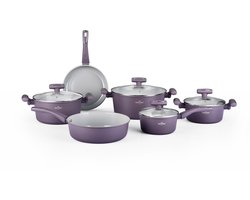 Swiss Haus® GC3010T Pannenset Inductie - 10-delig Pannensets - PFAS Vrij - Voor Alle Warmtebronnen – Koekenpan, Kookpannen & Hapjespan – Met Deksel – Paars