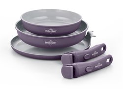 Swiss Haus® GCFP5LT Pannenset 5-delig – Koekenpannen & Pannenkoekenpan – Ø20/24/27 cm – 1.1L / 1.8L – PFAS Vrij – Inductie & Alle Warmtebronnen – Afneembare Handgreep – Stapelbaar – Paars