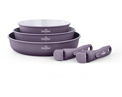 Swiss Haus® GCFP5T Koekenpannenset 5-delig – Ø 20/24/28 cm – PFAS Vrij - Inductie & Alle Warmtebronnen – Afneembare Handgreep – Stapelbare Pannenset - Paars