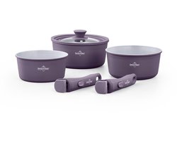 Swiss Haus® GCSP6T Steelpannenset 6-delig – Ø 16/18/20 cm – 1.4L / 1.9L / 2.7L – PFAS Vrij – Inductie & Alle Warmtebronnen – Afneembare Handgreep – Stapelbaar – Paars