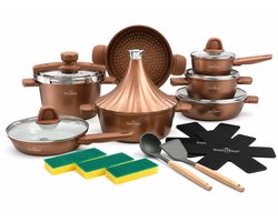 Swiss Haus® GPC3020CO Pannenset Inductie - 20 Delige Pannensets - PFAS Vrij - Incl. Koekenpan, Kookpotten, Steelpan, Snelkookpan, Stoommand & Tajine - Geschikt Voor Alle Warmtebronnen - Complete Kookset met Keramische Antiaanbaklaag - Koper
