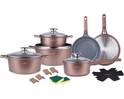 Swiss Haus® LG3019CO Pannenset Inductie - 19 Delige Pannensets - PFAS Vrij - Set Met Koekenpannen, Kookpotten & Steelpan - Pannen met Afneembare Handgreep - Pan met Sapphire™ Antiaanbaklaag - Koper