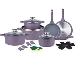 Swiss Haus® LG3019T Pannenset Inductie - 19 Delige Pannensets - PFAS Vrij - Set Met Koekenpannen, Kookpotten & Steelpan - Pannen met Afneembare Handgrepen - Pan met Sapphire™ Antiaanbaklaag - Paars