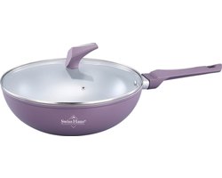Swiss Haus® LW30T Wokpan Inductie met Deksel - Ø 30 cm / 4.5 Liter - PFAS Vrij - Wokpannen Voor Alle Warmtebronnen - Wok Pan Met Sapphire™ Antiaanbaklaag - Paars