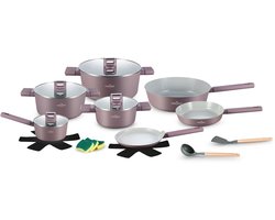 Swiss Haus® SC3018T Pannenset Inductie - 18-delig – PFAS Vrij – Koekenpan, Kookpannen, Hapjespan, Pannenkoekenpan & Steelpan - Voor Alle Warmtebronnen – Ovenbestendig tot 160°C - Paars