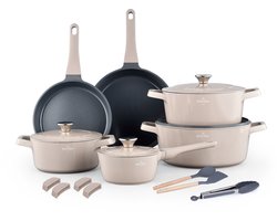 Swiss Haus® ZL3017BE Pannenset Inductie - 17 Delige Pannensets - PFAS Vrij - Set Met Koekenpannen, Kookpotten & Steelpan - Pannen Voor Alle Warmtebronnen - Pan met Sapphire™ Antiaanbaklaag - Beige