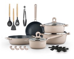 Swiss Haus® ZL3018BE Pannenset Inductie - 18 Delige Pannensets - PFAS Vrij - Set Met Koekenpan, Kookpotten, Hapjespan & Steelpan - Pannen Voor Alle Warmtebronnen - Pan met Sapphire™ Antiaanbaklaag - Beige