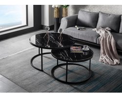 Swiss Homes® | Salontafel Set van 2 - Marmer Look - Ø80 / Ø 80 / Ø 45 cm | Lotus Zwart (Black)| - Bijzettafel - Tafel Rond - Woonkamer Tafel - Decoratie Tafel - Salon Tafel - Wandtafel - Marmerlook - Koffietafel | MDF