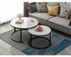 Swiss Homes | Salontafel Set van 2 - Marmer Look - Ø80 / Ø 80 / Ø 45 cm - Wit - Bijzettafel - Tafel Rond - Woonkamer Tafel - Decoratie Tafel - Salon Tafel - Wandtafel - Koffietafel - Zwart Metalen Frame | Wit - MDF