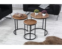 Swiss Homes® | Salontafel Set van 3 - Hout / Vintage / Bruin - MDF | Industrieel - Ø50 / Ø 50 / Ø 55 cm - Bijzettafel - Tafel Rond - Woonkamer Tafel - Decoratie Tafel - Salon Tafel - Wandtafel - Koffietafel - Zwart Metalen Frame