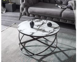 Swiss Homes | Salontafel - Wit (White) - Glas | Marmer Look - Ø75 / Ø 75 / Ø 44 cm - Bijzettafel - Tafel Rond - Woonkamer Tafel - Decoratie Tafel - Salon Tafel - Wandtafel - Koffietafel - Zwart Metalen Frame