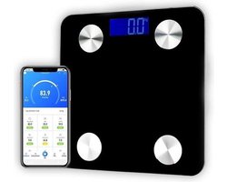 Swiss Homes® | Slimme Weegschaal met Gratis App | Digitale Bluetooth Personenweegschaal met Lichaamsanalyse| tot 180Kg| BMI, Vetpercentage, Spiermassa, Visceraal vet etc. | Zwart