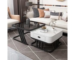 Swiss Homes® - Square | Salontafel Set van 2 - Marmer Look & Tempered Glas - Ø70 / Ø 70 / Ø 45 cm | Mystic White (Wit)| - Bijzettafel - Tafel Rond - Woonkamer Tafel - Decoratie Tafel - Salon Tafel - Wandtafel - Koffietafel | MDF & Gehard Glas