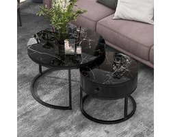 Swiss Homes® - Venus | Salontafel Set van 2 - Marmer Look - Ø70 / Ø 70 / Ø 45 cm | Marquana Black (Zwart)| - Bijzettafel - Tafel Rond - Woonkamer Tafel - Decoratie Tafel - Salon Tafel - Wandtafel - Koffietafel | MDF