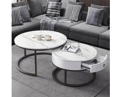 Swiss Homes® - Venus | Salontafel Set van 2 - Marmer Look - Ø70 / Ø 70 / Ø 45 cm | Mystic White (Wit)| - Bijzettafel - Tafel Rond - Woonkamer Tafel - Decoratie Tafel - Salon Tafel - Wandtafel - Koffietafel | MDF