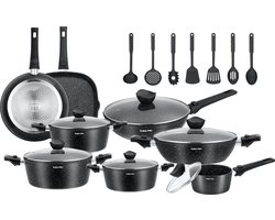 Swiss Pro+ - 33-delige Pannenset - Aluminium Koekenpannenset - Zwarte Pannenset.Nieuw nu met afneembare handgrepen! Model 2026