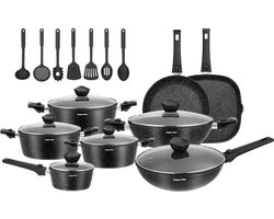 Swiss Pro+ - 33-delige Pannenset -Nieuw! Nu met Afneembare handgrepen - Aluminium Koekenpannenset - Zwarte Pannenset