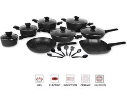 Swiss Pro+ | 33 - Delige Steengoeden Pannenset | Afneembare handgrepen, 6 Potten + 2 Pannen + Pollepelbodem + 2 Pollepels + 6 Deksels + 12 Handgrepen + Accessoire. - Zwart - SP-3301