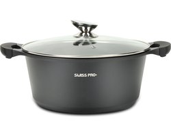 Swiss Pro+ Braadpan - met glazen deksel - Zwart - 24 cm - Antiaanbaklaag