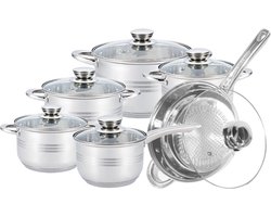 Swiss Pro+ Pannenset - 12 delig - RVS - Roestvrijstalen Kookgerei 18/10 - Alle warmtebronnen - 12:30M