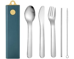 Swissbex Reisbestek in Handig Opbergdoosje: Stijlvol Roestvrij Stalen Bestek en Metalen Rietje met reinigingsborstel - Blauw/Geel