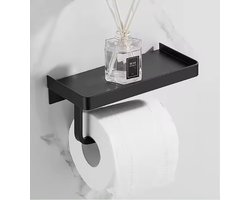 Swissbex - Zelfklevend Toiletrolhouder met Plankje - - WC Rolhouder Zwart - Badkamer Accessoires - WC Papier Houder – RVS Toiletpapier Houder - Zonder Boren - Toiletrolhouders