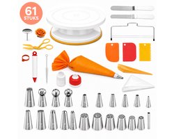 Taart Decoratie Set - 61 Delige Bakset - Taart Draaischijf met Spuitzakken - Spuitmondjes Set - Bakgereedschap voor Taarten - Fondant en Crème Decoratie - Oranje