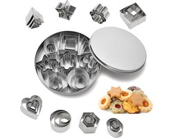 Taart Decoratie Set - Bakgereedschap - Bakbenodigdheden - Taartdecoratie - Bakset in de vorm van een koekjesmes - 24 koekjesmessen met metalen doos - Voor het bakken in de keuken en voor het uitsnijden van speeldeeg - Zilver