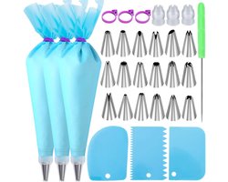 Taart Decoratie Set - Bakset Kinderen - Set van spuitzakken en spuitmondjes - Inclusief 3 herbruikbare spuitzakken - 18 spuitmondjes - 3 koppelstukken - 3 riempjes - 3 taartschrapers en 1 taartdecoratietool voor koekjesglazuur