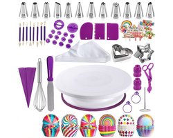 Taart Decoratie Set - Bakset Kinderen - Taartdecoratieset met gereedschap en benodigdheden - Taart & Cupcake Versiering - Taartplateau - Taartvorm - 255-delige taartbakset - Beginnersspuitzakken - Paars