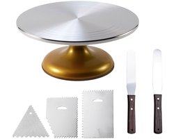Taart Draaiplateau 12 Inch Aluminium – 6-delige Taartdecoratieset met RVS Spatels – Gouden Cake Draaitafel voor Taarten Bakken & Decoreren